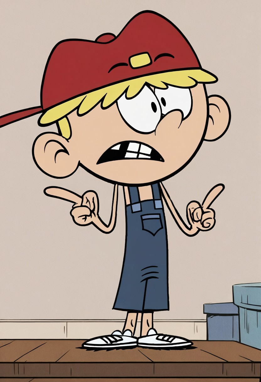 (score_9 | score_8_up | score_7_up) ((masterpiece:1))(best quality,very high quality,ultra detailed:1.2) (2D,cartoon style,anime style)(Smooth:2)(clean blurring) (four fingers on each hand,one thumb on each hand:1), Leif Loud, solo, 1boy, Blonde hair, missing teeth, red baseball cap facing backwards, blue overalls, white shoes