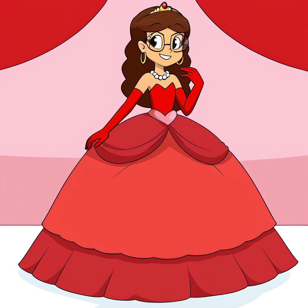 1girl, solo, long hair, brown hair, black eyes, wearing glasses, Very long large straight tulle red princess ball gown hoop skirt, ball gown hoop skirt, red princess dress, long princess gloves, white pearl necklace, hoopdress, my big princess gypsy wedding dress, ballgown, a girl in a dress posing like a princess for a picture, wearing a sleeveless ballgown, looking at viewer
