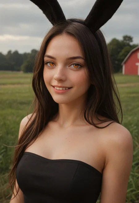 score_9_up, score_8_up, score_7_up, score_6_up, 1girl, 25 years old, perfect face, (adult), sexy,
(three quarter view), detailed face, portrait, face focus, depth of field, looking at viewer, blush, shy smile, close up,
orange eyes,
rabbit ears, black ears,
black hair, long hair,
black dress, sleeveless dress, strapless, tight fitting,
farm, grass,