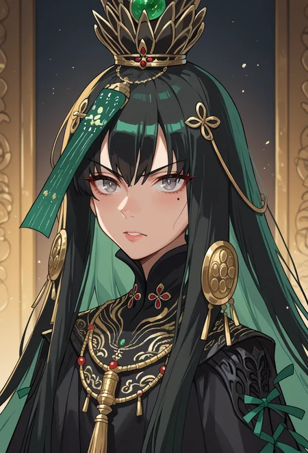 score_9, score_7_up, source_anime, BREAK   <lora:Qu__PGR-Punishing_Gray_Raven__All_Classes_Coming_Soon:1> Pavo, grey eyes, multicolored hair, black hair, green inner hair, long hair, mole under lips, Pavo clothes, Pavo crown,