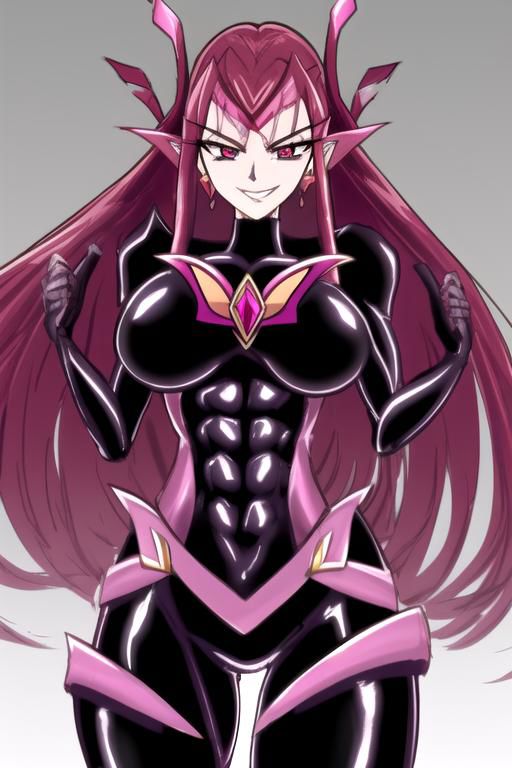 1girl, solo, impossible bodysuit, magical girl, DarkPrecure, evil smile, latex, detail, muscular, huge breasts, abs, wide hips, thick thighs