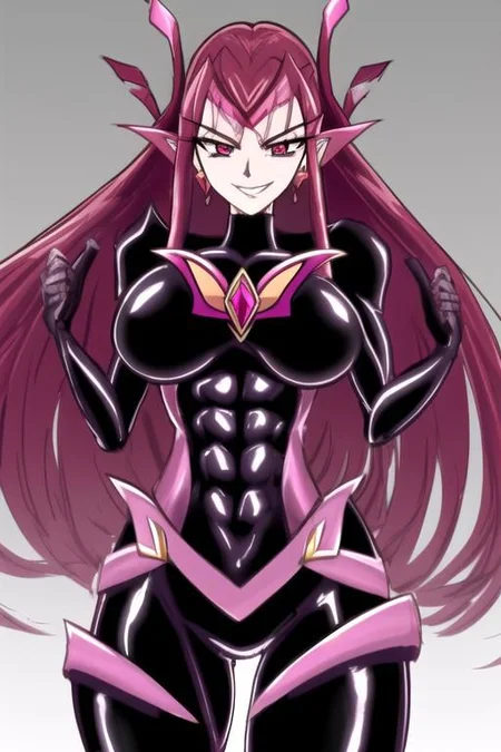 1girl, solo, impossible bodysuit, magical girl, DarkPrecure, evil smile, latex, detail, muscular, huge breasts, abs, wide hips, thick thighs