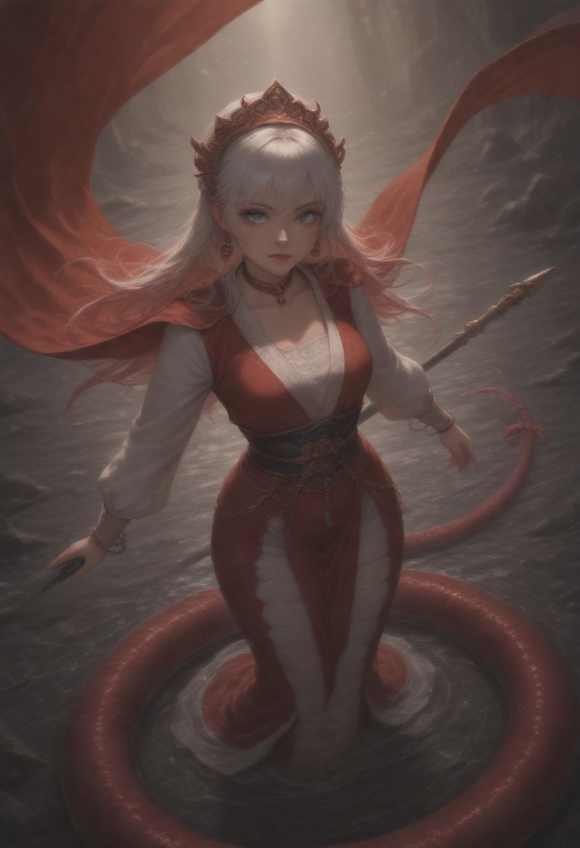 best quality, amazing quality, very  esthetic, newest, scenery, high-resolution, masterpiece, detailed eyes, perfect eyes, realistic eyes, depth of  field, top angle, close up,
long flowing red hair, intense focus, fantasy outfit, candy accents, flowing cape, candy armor, staff weapon, graceful standing pose, mystical battlefield, vibrant cel-shading, bold colors,1girl, lamia, monster girl, white hair, blue eyes, tail ornament, tail, candy headdress, candy choker, candy earrings, tail bow, candy bangle ,loincloth, red scales,((chinese hanfu)),long sleeves, fully clothed, 
bloom, snake style, volumetric lighting,  (fighting stance:0.7).