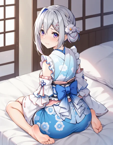 score_9, score_8_up, score_7_up, score_6_up, score_5_up, score_4_up, source_anime, anime screencap,  BREAK 1girl, solo, bed, sitting, from behind, looking back, embarrassed, 
<lora:Amane_Kanata_Pony:1> amane_kanata, kanata_newyears, short hair, hair bun, hairclip, hair flower, frilled kimono, detached sleeves, bow, obi, barefoot,