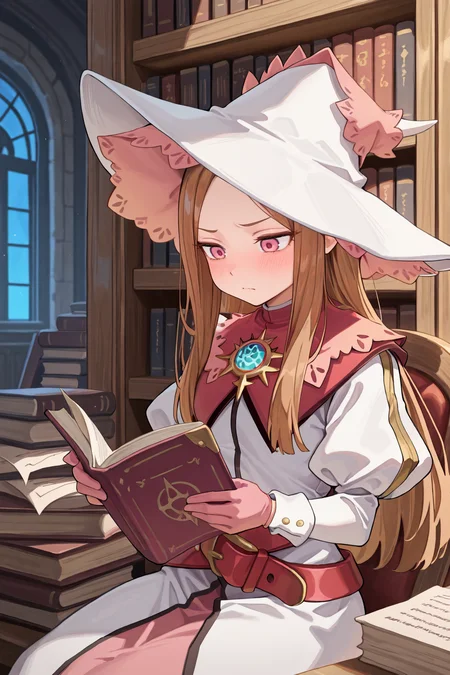 masterpiece, very aesthetic, absurdres, best quality, amazing quality, high resolution, <lora:illustrious_quality_modifiers_masterpieces_v1:0.8> , <lora:ChamIllustriousBackgroundEnhancer:0.5>,  solo,  <lora:RosaryIL:0.8> , RosaDef, brown hair, long hair, pink eyes, white witch hat, white dress, red belt, juliet sleeves, gloves, interior, night, library, reading, studying,  reading book, bookshelves, papers, frown, cowboy shot, sitting,
