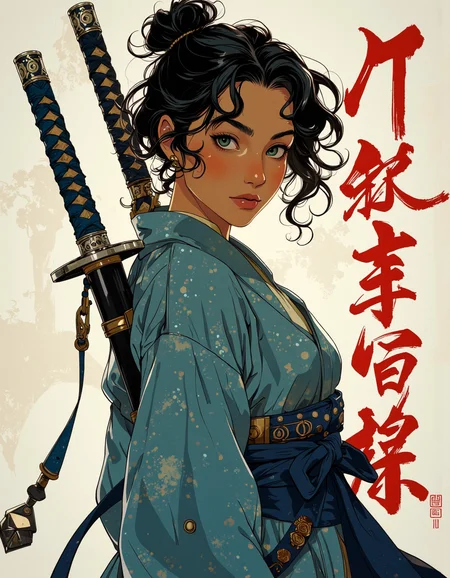 Anime style. This is a digital illustration in a semi-realistic, anime-inspired style, depicting a young woman with a serious, determined expression. She has dark, tousled hair tied up in a bun with loose strands framing her face. Her skin tone is a warm, medium brown, and she has almond-shaped eyes with a slight Asian slant. She is dressed in traditional Japanese attire, specifically a blue kimono with intricate folds and textures, suggesting a soft, lightweight fabric. The kimono is cinched at the waist with a wide, blue obi sash, adorned with silver and gold accents. Over her shoulder, she carries a katana sword with a traditional, curved blade, its hilt wrapped in black leather and adorned with silver details. The background is minimal, consisting of a plain, off-white canvas, which helps to focus attention on the subject. On the right side of the image, there are vertical Japanese characters in red ink, adding a cultural touch to the piece. The overall color palette is dominated by blues and whites, with the occasional splash of red from the characters and the sword's hilt. The image conveys a sense of strength and readiness for action, typical of a warrior or samurai.