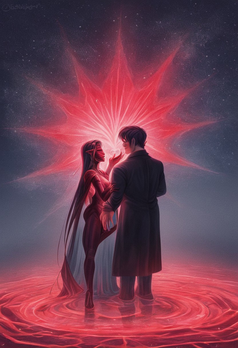 F1CNQRJCouple,This is a digital painting of a romantic scene featuring a couple in a dark, dramatic setting. The man in a black suit and the woman in a red dress stand barefoot on a reflective surface, facing each other under a heart-shaped, glowing red nebula.