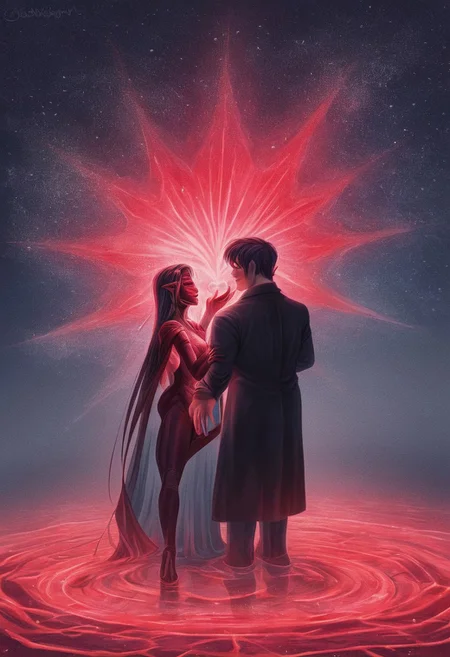 F1CNQRJCouple,This is a digital painting of a romantic scene featuring a couple in a dark, dramatic setting. The man in a black suit and the woman in a red dress stand barefoot on a reflective surface, facing each other under a heart-shaped, glowing red nebula.