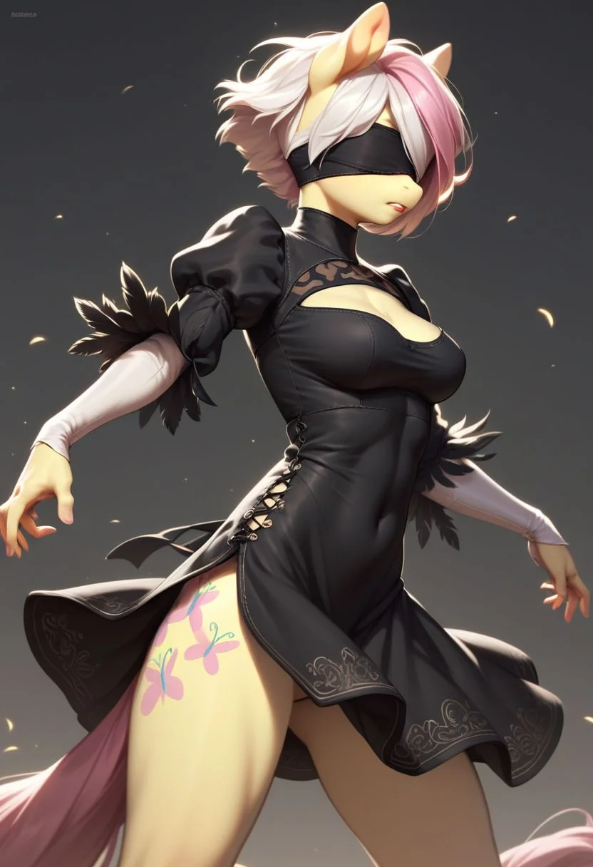 score_9, score_8_up, score_7_up, score_5_up, FLuttershy, pony, antro, 2BNAXL, blindfold, white hair, short hair, black dress, extremely detailed face, high quality, dynamic pose,