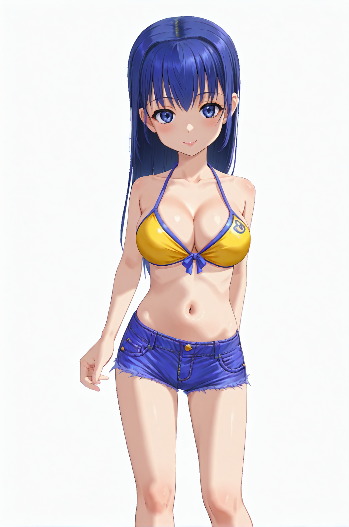 <lora:ArinPangyaIllustriousV1.0-000007:0.95>,
1girl, solo,
white background, looking at viewer,
arinPangya, blue hair, blue eyes, long hair, bangs, large breasts, lips,
swimSet, yellow bikini top, sandals, denim shorts, 
standing, upper body,
smile,