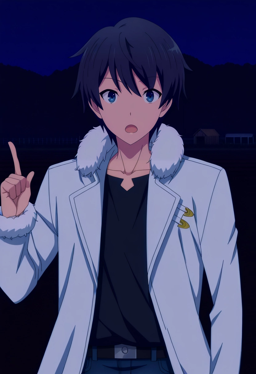 masterpiece, best quality, intricate details, anime screencap, anime coloring, official style, looking at viewer, 1boy, solo, male focus, <lora:touya_mochizuki_ilxl:0.96>, touya_mochizuki, black hair, blue eyes, black shirt, white coat, fur trim, rule of thirds, farm, plantation, dark, index finger raised, open mouth, denim jacket,
