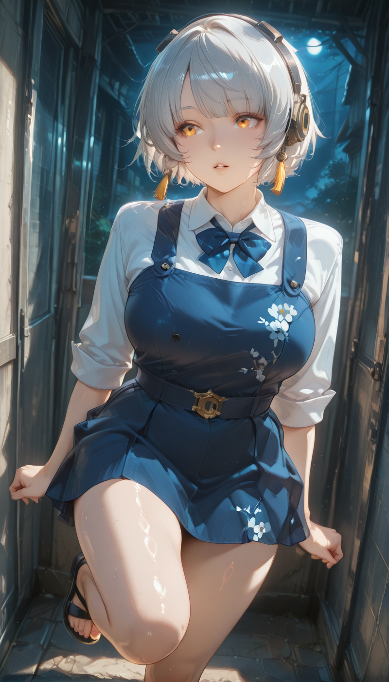 <lora:LCMTurboMix_Euler_A_fix:1> <lora:example_SDXL:0.3>, EZRealPONYXL, <lora:Dramatic Lighting Slider:3>  <lora:realistic filter [IL]:1>
DSLR,realistic,cosplay photo, (very awa,masterpiece,best quality,year 2024,newest,absurdres,highres:1), realistic,skin texture,facial features, photography shot with Canon EOS 5D Mark IV , realistic, RAW, best quality, masterpiece, amazing quality, skin details,
1girl, highly detailed beautiful face, large natural breasts,
detailed background, shiny skin, dutch angle, night, moonlight,
beautiful detailed eyes, intricate details, absurdres, anime screencap,
 <lora:Anby_damara_ZZZ_ILXL_kill0825:1>
ZZZAnby, short hair, yellow eyes, white hair, grey hair, braid, orange eyes, parted lips,
shirt, skirt, long sleeves, dress, bow, jewelry, braid, thighs, pleated skirt, collared shirt, indoors, bowtie, black footwear, blue skirt, sleeveless dress, single braid, blue dress, blue bow, headphones, sandals, floral print, short dress, blue shirt, tassel, side braid, toenails, sleeves rolled up, upskirt, blue bowtie, toenail polish, pinafore dress, pleated dress, tassel earrings, school uniform, white shirt,
dynamic pose.