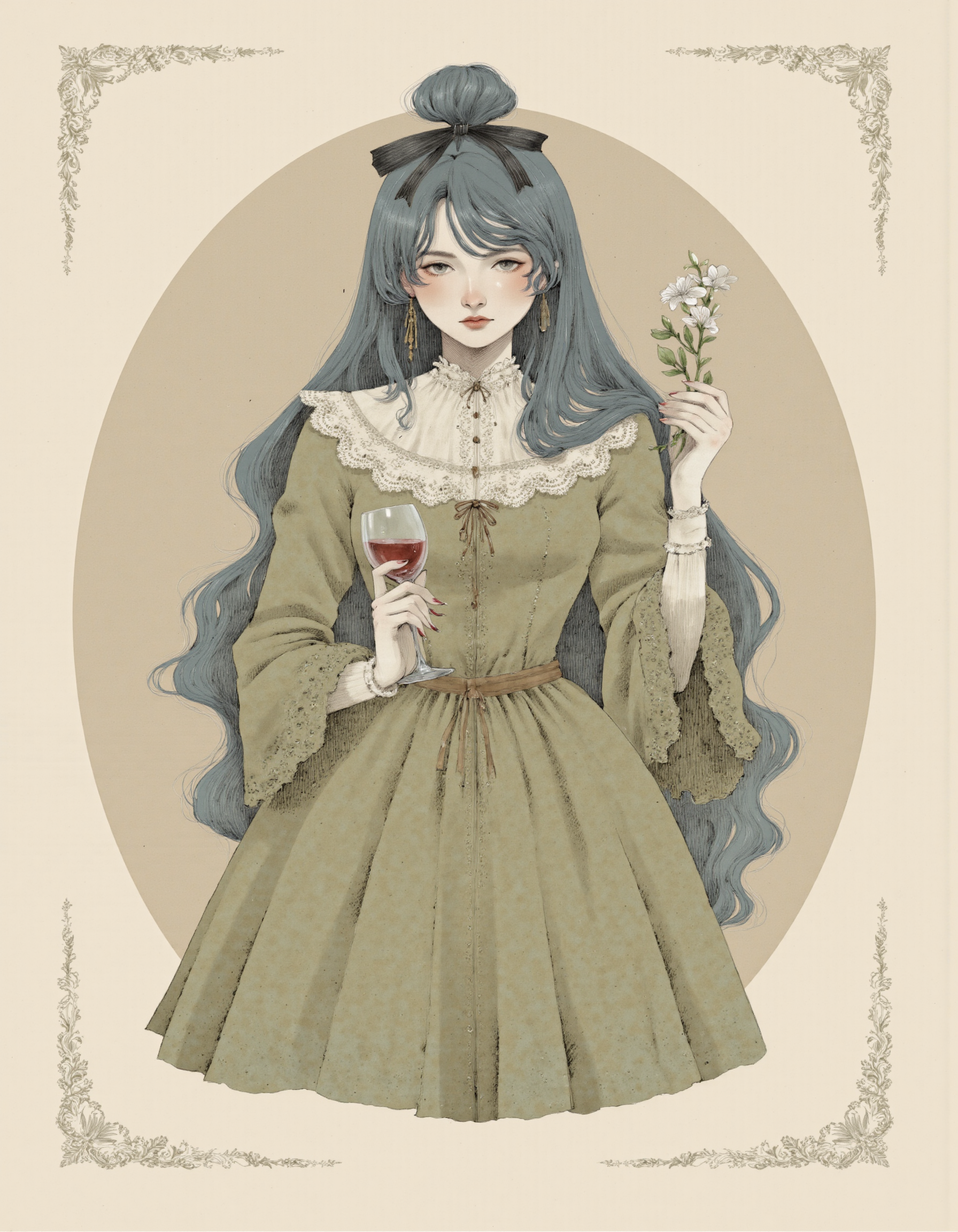 <lora:cioffi:1>, This is a digital illustration in a vintage, whimsical style. The subject is a young woman with long, flowing, dark blue hair tied into a high ponytail with a black bow. She has fair skin, large, expressive eyes, and a slight, mysterious smile. Her attire is an elaborate, Victorian-inspired dress in muted tones of green and gold. The dress features a high collar with intricate lace detailing, long sleeves with ruffled cuffs, and a full skirt with a pattern of small, diamond shapes. She holds a small, delicate glass with a red liquid, possibly wine, in her left hand, and a thin, green stem with a single white flower in her right hand. The background is a soft, beige circle, which emphasizes the woman and her accessories. Surrounding the image are intricate, floral and scrollwork borders in a lighter beige, adding to the vintage aesthetic. The overall composition is elegant and dreamy, with a touch of whimsy and mystery, blending elements of fantasy and historical fashion.