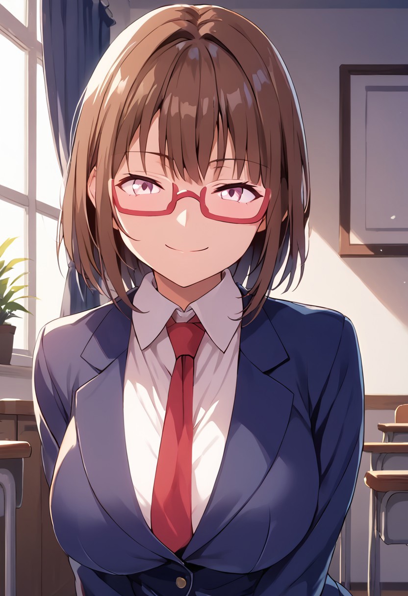 score_9, score_8_up, score_7_up,at room,indoor, moonlight,night view,chitose, female, red glasses, brown hair, pink eyes, school uniform,ties, smirk