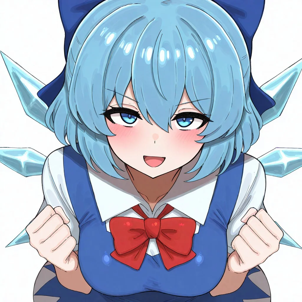 absurdres, highres, masterpiece, best quality, amazing quality, ((kumiyabe)), artist:kumiyabe, 1girl, cirno, :D, blue bow, blue dress, blue eyes, blue hair, blush, bow, bowtie, breasts, clenched hands, dress, from above, hair between eyes, hair bow, hands up, happy, ice wings, looking at viewer, medium breasts, open mouth, red bow, red bowtie, short hair, simple background, smile, solo, v-shaped eyebrows, white background, wings