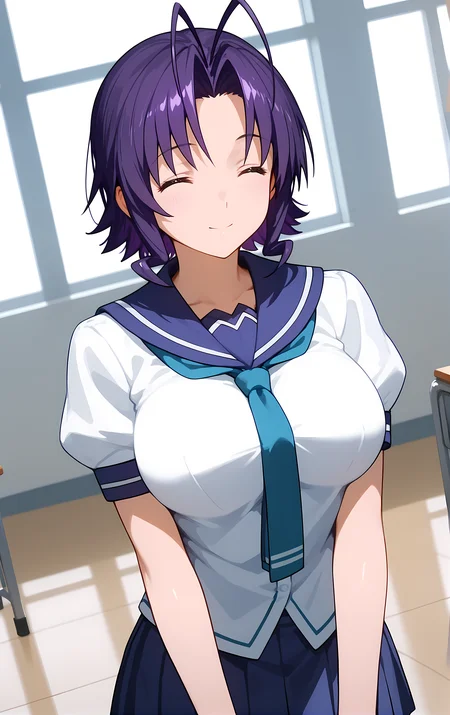 (score_9, score_8_up, score_7_up), standing, leaning forward, looking at viewer, light smile, closed mouth, shiny skin, tight clothes,
ohwx, 1girl, solo, closed_eyes, short_hair, blue_hair, purple_hair, antenna_hair, breasts, large_breasts,
school_uniform, skirt, serafuku, pleated_skirt,
fall,
cowboy shot, dutch angle, close-up,
<lora:yuuka_amato_pony_ss:1>