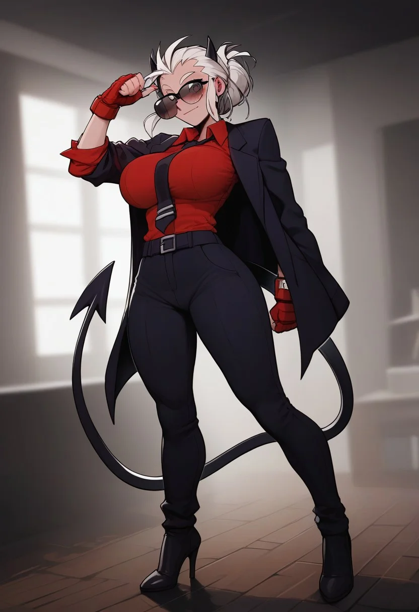 (masterpiece: 1.2), (detail: 1.1), (high resolution, best quality: 1.2), highly detailed background, Score_9, Score_8_up, Score_7_up, Score_6, Score_5, Score_4,
ultra detailed, aesthetic, 1 girl, ((((solo)))
perfect anatomy, 1girl, Justice from Helltaker, justicedef,
short hair, demon horns, sunglasses,
blush, seductive smile,
,female, athletic body, hourglass body, , (big breasts:1.3),perfectly round breasts, slim, Ideal round butt.thick thighs, demon tail
(partially clothed, black jacket,) red shirt, neckline, black necktie, loose office trousers.Fingerless fighting gloves, High heels,
(blurred background: 1.2), (looks at the viewer standing above: 1.1),