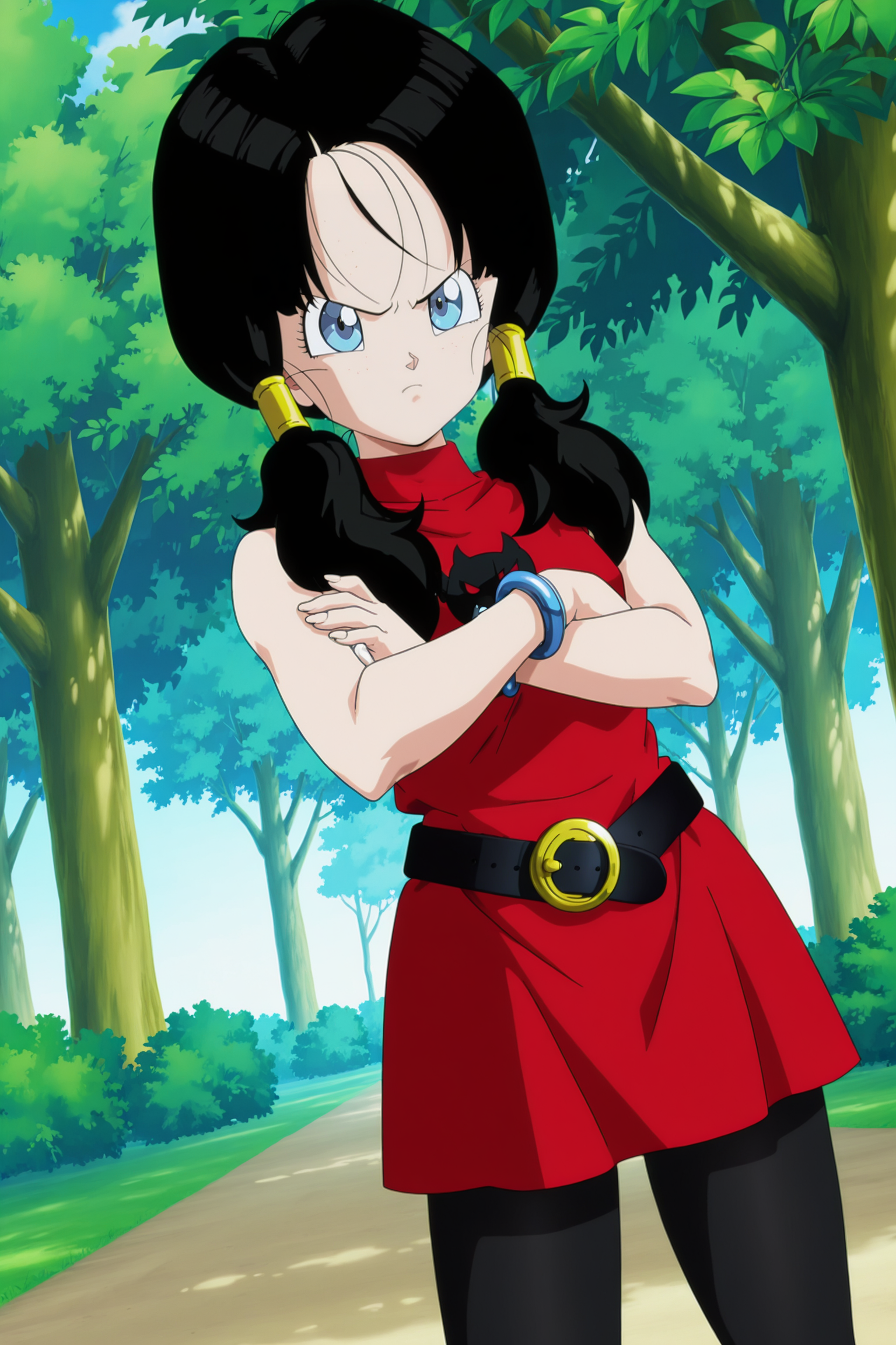 anime screencap, absurdres, high quality, official style, 
solo, 1girl, 
videl, twintails, long hair, black hair, hair tubes,  blue eyes,
devil dress, turtleneck, red dress, sleeveless dress, print dress, symbol, bracelet, black belt, pantyhose, black legwear, 
v-shaped eyebrows, dutch angle, annoyed, crossed arms, cowboy shot, tsundere, 
outdoors, nature, dappled sunlight, tree, 
 <lora:Videl:0.8>