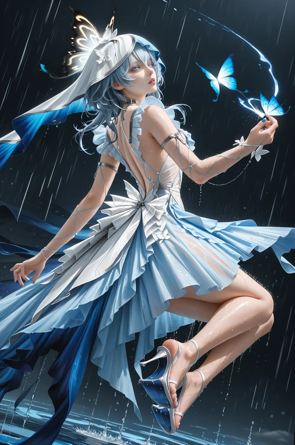 absurdres, highres, masterpiece, best quality, amazing quality, 1girl, solo, very detailed eyes, shorekeeper, colored eyelashes, veil, criss-cross arm straps, see-through, hell-less heels, parted lips, light blue hair, purple eyes, blue nail polish, sexy, seductive, sensual, floating, ass, foot focus, jewelry, light blue dress, layered dress, armlet, ribbons, butterfly thematic, exposed back, heavy rain, dark background, dynamic pose, dynamic angle, ((wet clothes)) <lora:shorekeeper-wwPO-v1cr:1> <lora:add_detail:1> <lora:Expressive_H:1>