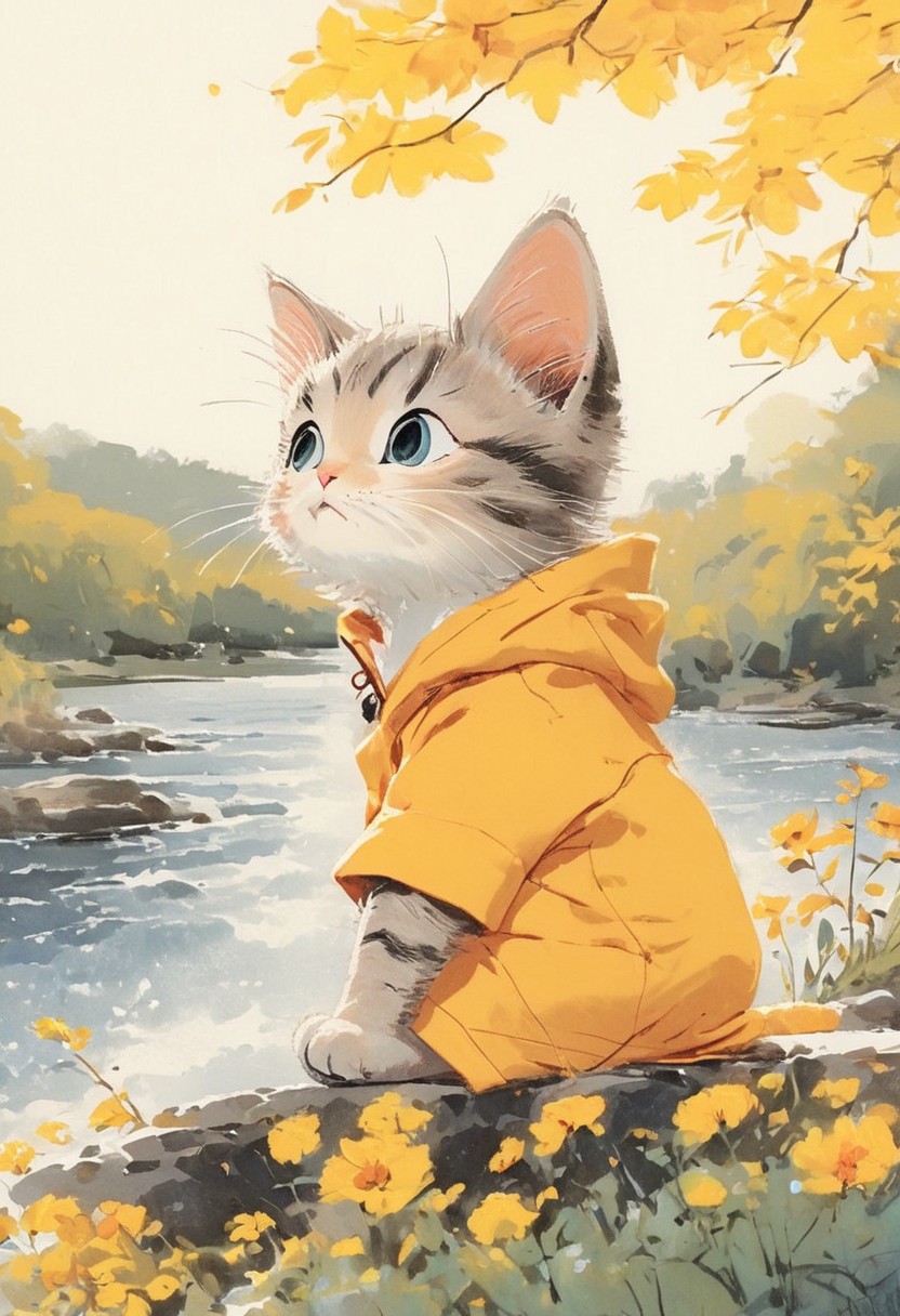 In a whimsical scene, pleasantly warm, narrative film, an orange-striped cat with striking blue eyes is sitting by a river. Dressed in a vibrant yellow robe