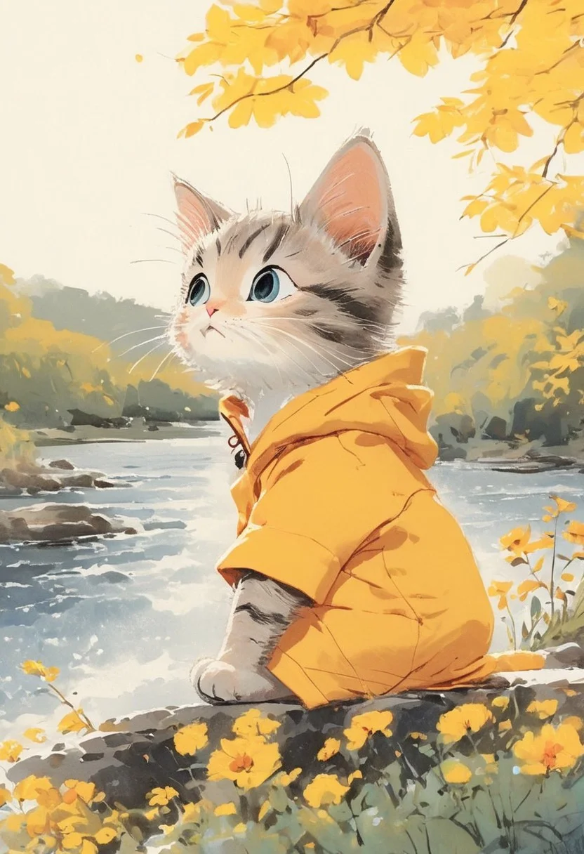 In a whimsical scene, pleasantly warm, narrative film, an orange-striped cat with striking blue eyes is sitting by a river. Dressed in a vibrant yellow robe