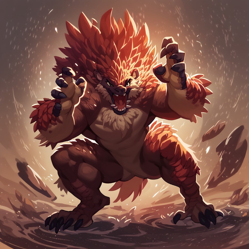 score_9, score_8_up, score_7_up, score_6_u  A massive pangolin antrophomorfic,  performing extreme jump,  herooic pose