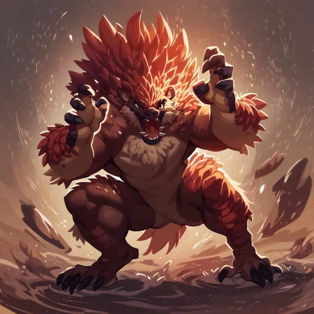 score_9, score_8_up, score_7_up, score_6_u A massive pangolin antrophomorfic, performing extreme jump, herooic pose