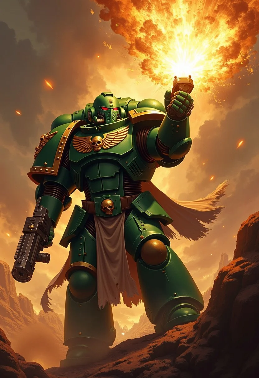 Warhammer 40k space marine, raising giant massive energy fist