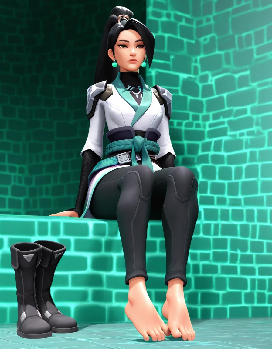 masterpiece, cgi, 3d, 1girl, sage, valorant, almond eyes, narrow eyes, long hair, high ponytail, side bang, jade earrings, shoulder pads, sitting down on a blue green jade wall, taking off boots, (barefeet:1.5)