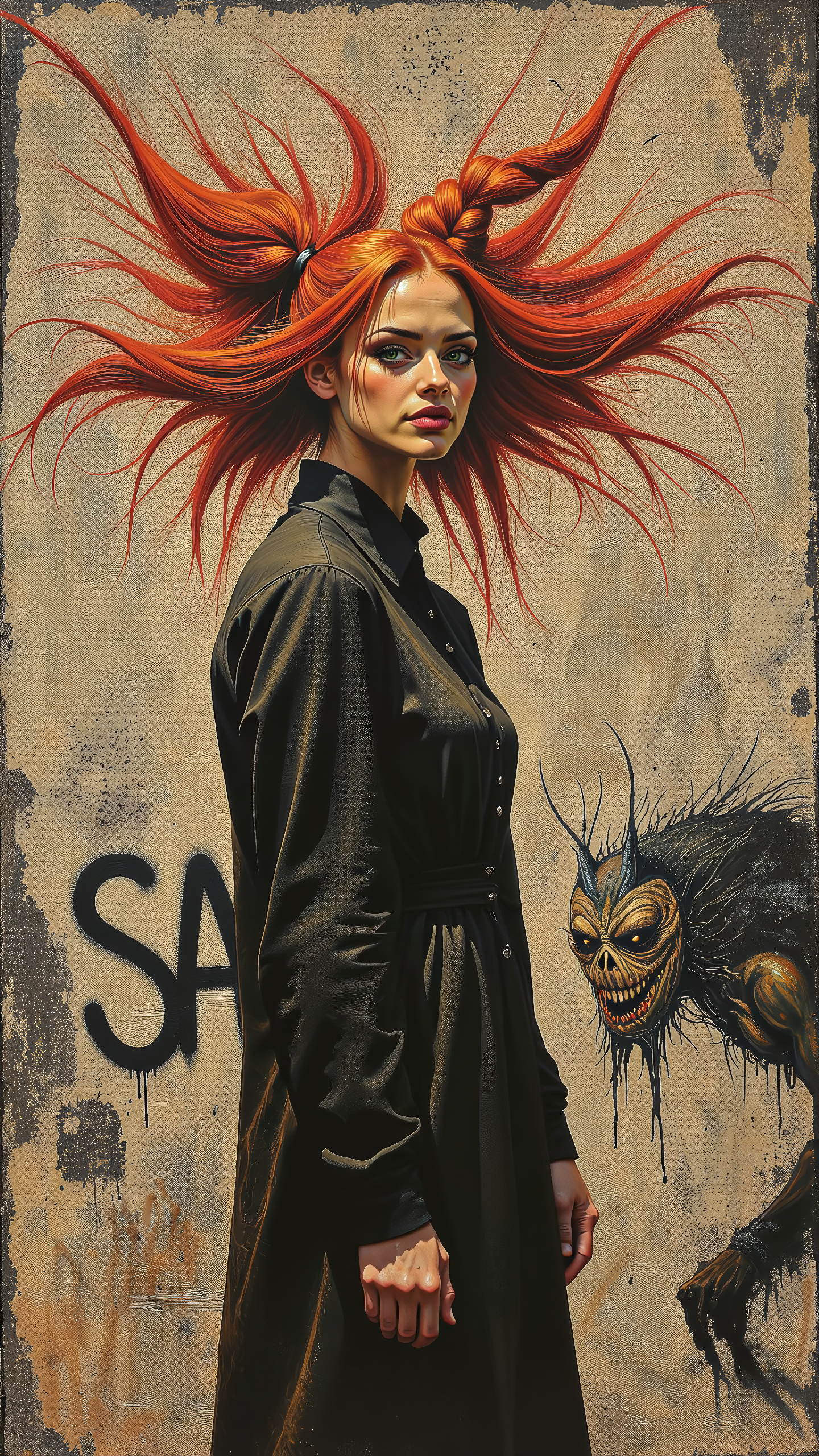 Dave McKean Style,  woman, short twintails, braided twintails, ginger hair, graffitti wall, moving shadows, written "SAKE" as graffitti, creature graffitti, <lora:ILLUSTRATION_(FLUX)_-_V3.1:0.4> <lora:DaveMcKeanStyle:0.8>