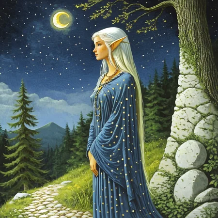 <lora:Vintage_Wizard_Fantasy_illustrationSDXL:1> Vintage Fantasy illustration, The image is a painting of a woman standing in a forest at night. She is wearing a long blue dress with gold polka dots and a white headscarf with a golden chain around her neck. Her long white hair is flowing in the wind and cascades down her back. The woman is looking off into the distance with a peaceful expression on her face. The background is filled with stars and a crescent moon creating a magical and serene atmosphere. The trees in the forest are tall and green and there is a stone wall on the right side of the image. The overall mood of the painting is peaceful and contemplative., 1girl, solo, pointy ears, long hair, elf, moon, tree, white hair, sky, night