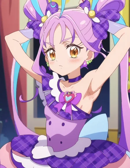 score_9, score_8_up, score_7_up, anime screencap,solo,1girl,curekyunkyun, purple choker, jewelry, dress, looking at viewer, magical girl, earrings, choker,dress, bow, wrist cuffs, hair ornament,small breasts,blush,armpit
<lora:curekyunkuyn_pony:0.8>