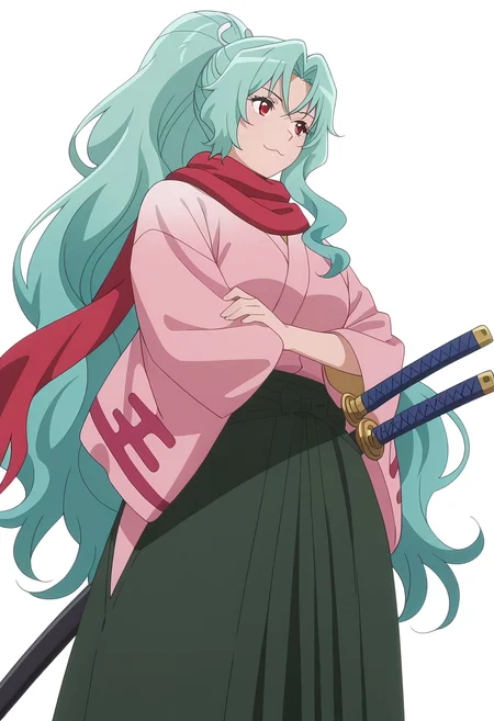 Smooth Quality,masterpiece, ultra realistic,
simple background, white background,
from below,:3,hand on own elbow ,
<lora:Tomoecnn:0.8> sofia/cnn, 1girl, long hair, scarf, ponytail, red eyes, japanese clothes, katana, green hair, very long hair,
