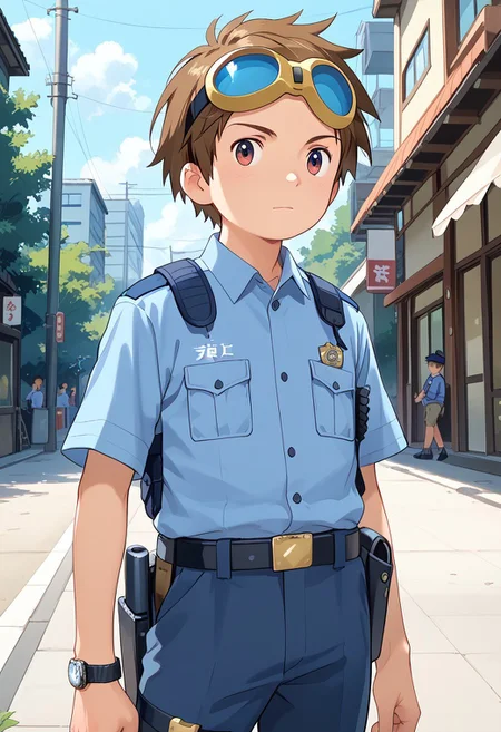 score_9, score_8_up, score_7_up, zPDXL2,
,
1boy, solo, goggles on head, brown hair, male Japanese Summer Police Uniform,light-blue collared shirt, rank slides,hip holster