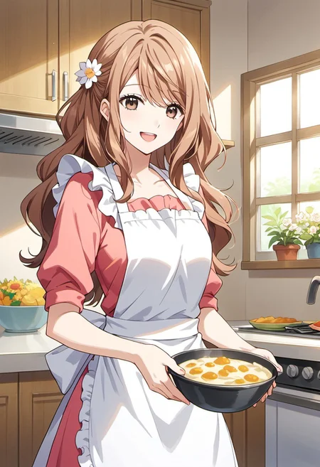 score_9, score_8_up, score_7_up, source_anime, iroha igarashi, long hair, brown hair, brown eyes, 1girl, apron, hair ornament, smile, flower, kitchen, open mouth, food, mixing bowl