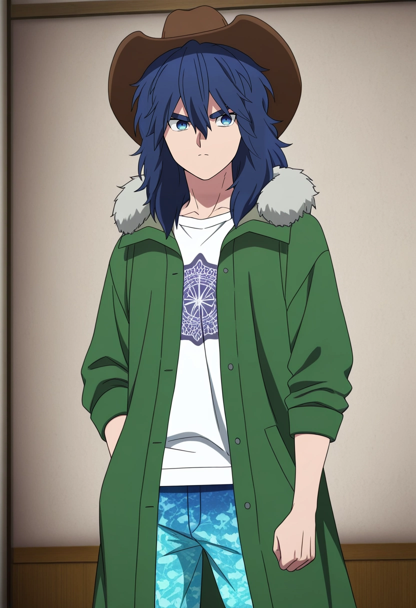 masterpiece, best quality, anime screencap, official style, anime coloring, cowboy shot, 1boy, solo, male focus, <lora:yui_kemono_jihen_ilxl:0.96>, yui_kemono_jihen, blue hair, blue eyes, long hair, hair between eyes, bangs, thick eyebrows, green coat, fur trim, , Amethyst Satin Straight-leg pants, Muslin Paisley Marigold Pocket T-shirt, , Cowboy hat,