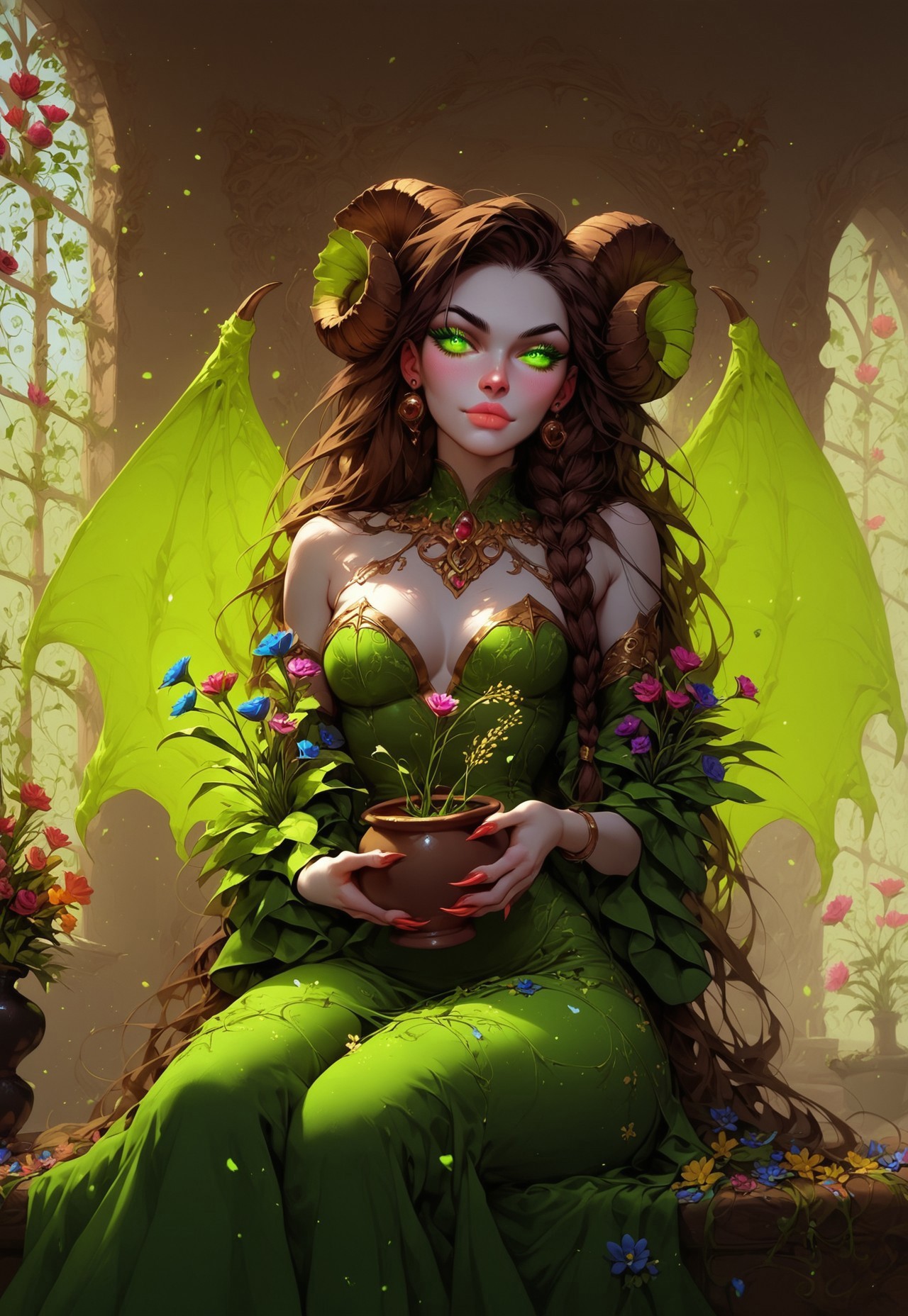 safe_pos, safe_pos, score_9, score_8_up, score_7_up, score_6_up, score_5_up, score_4_up, masterpiece, high quality, succubus short, beautiful, seductive, white skin, curvy, hourglass figure, wide hips, small breasts, perky breasts, chocolate brown hair, long hair, braided hair, side braid, glowing eyes, green eyes, big mouth, filled lips, small ears, round ears, human ears, round face, snub nose, beautiful face, aesthetic face, bronze horns, brown horns, large wings, green wings, curved horns, ram horns, vibrant colours, colourful long claws, colourful long tail, hair covered in flowers, lots of flowers, colourful jewelry, friendly, naughty, mischievous, friendly smile, body covered in grasping vines and roots, grasping roots touching flowers with hands, sitting on edge of bed, bed, legs to the side, holding pot of flower on lap, holding pot of flower with hands, large pot of flowers, flowers everywhere, green fog, green smoke, green pollen, brothel room, golden and green decorations in background, bronze columns in background, decorated window in background, artistic background Expressiveh, g0th1c, smiling, closed mouth