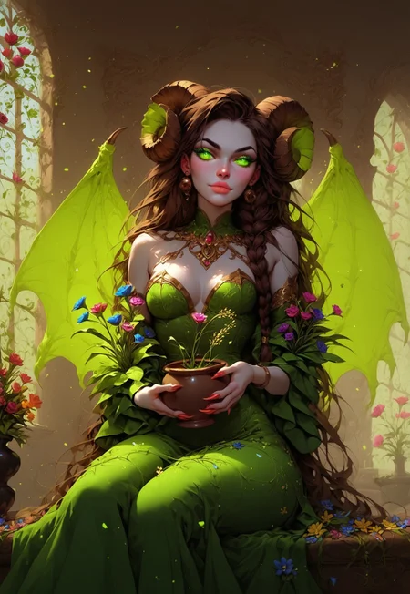 safe_pos, safe_pos, score_9, score_8_up, score_7_up, score_6_up, score_5_up, score_4_up, masterpiece, high quality, succubus short, beautiful, seductive, white skin, curvy, hourglass figure, wide hips, small breasts, perky breasts, chocolate brown hair, long hair, braided hair, side braid, glowing eyes, green eyes, big mouth, filled lips, small ears, round ears, human ears, round face, snub nose, beautiful face, aesthetic face, bronze horns, brown horns, large wings, green wings, curved horns, ram horns, vibrant colours, colourful long claws, colourful long tail, hair covered in flowers, lots of flowers, colourful jewelry, friendly, naughty, mischievous, friendly smile, body covered in grasping vines and roots, grasping roots touching flowers with hands, sitting on edge of bed, bed, legs to the side, holding pot of flower on lap, holding pot of flower with hands, large pot of flowers, flowers everywhere, green fog, green smoke, green pollen, brothel room, golden and green decorations in background, bronze columns in background, decorated window in background, artistic background Expressiveh, g0th1c, smiling, closed mouth
