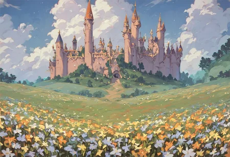 score_9, score_8_up, score_7_up, score_6_up,
nature background, flowers, flower frame, small clouds, fields, flower field, castle in background, castle, vintage, film grain