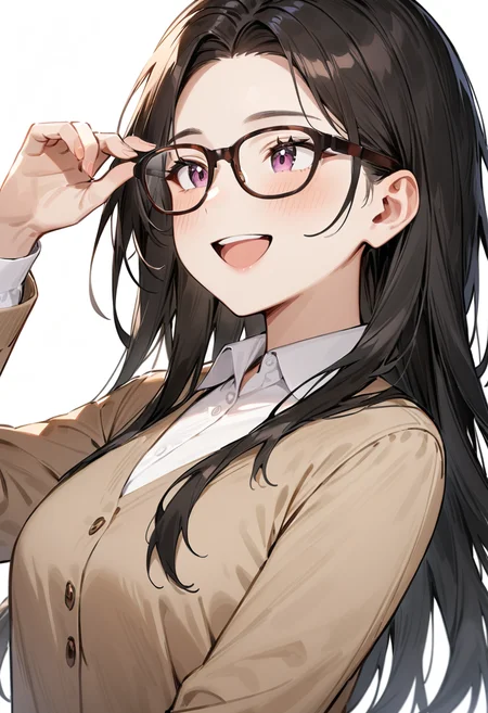 masterpiece, best quality, very aesthetic, absurdres,
1girl, solo, black hair, long hair,
Wellington22A, glasses, brown-framed eyewear,
collared shirt, happy, smile, looking at another, adjusting eyewear, white background, simple background,
<lora:glasses_Wellington_cellframe1_SDXL_V1:0.8>