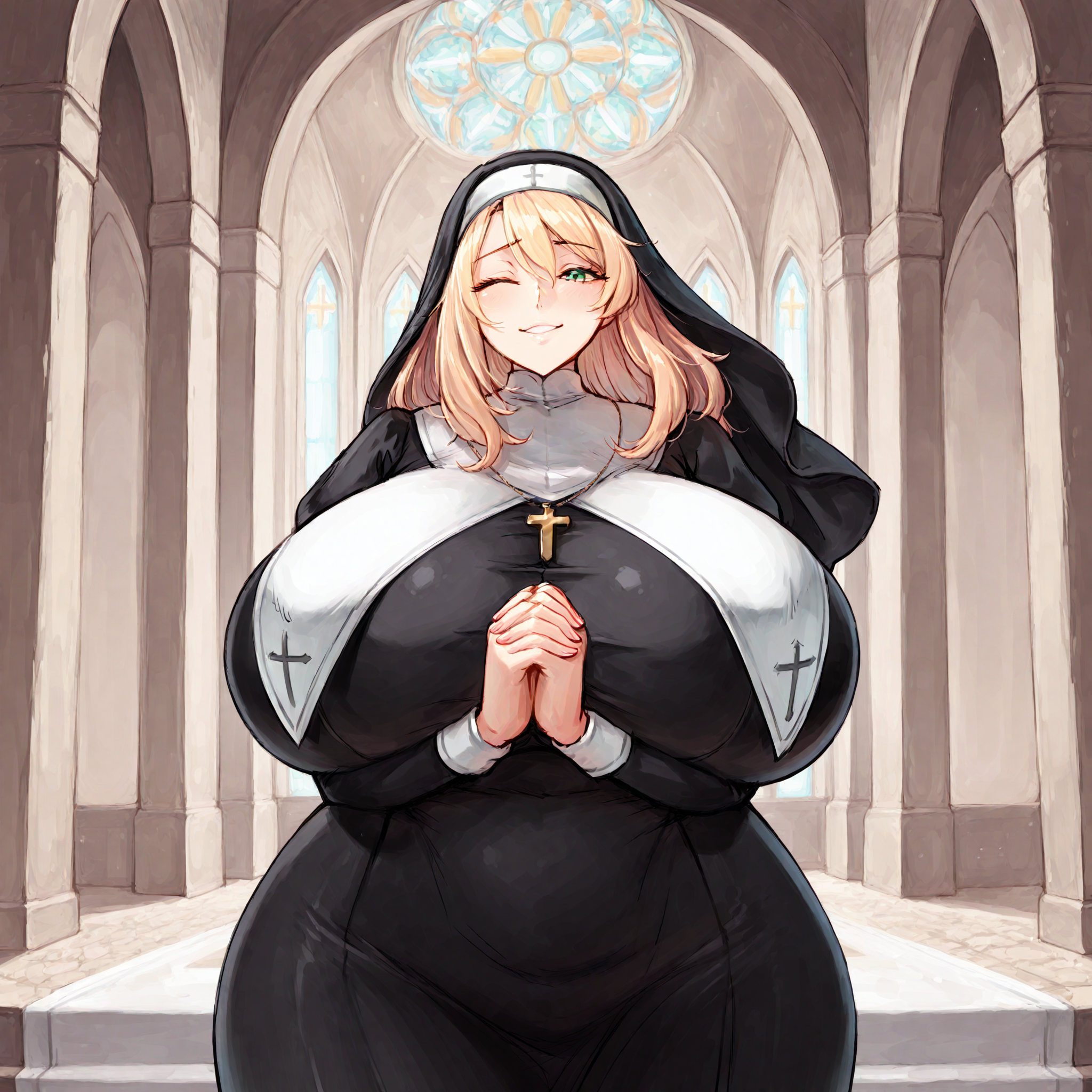 (masterpiece), best quality, (highly detailed), 1female, solo,  <lora:Junkpuyo_style_Illustrious:0.8>, temple, gigantic breasts, nun, blonde hair, green eyes, smile, hands together, wide hips, one eye closed, winking,