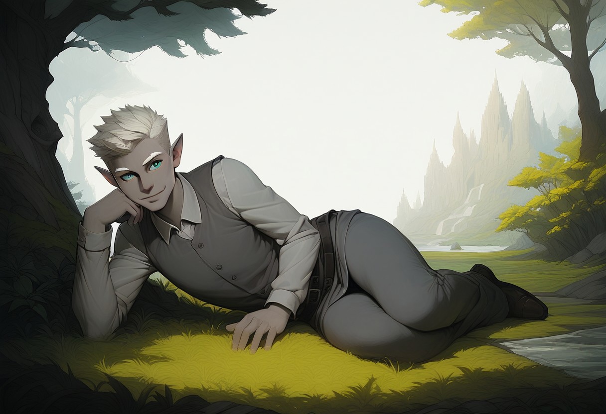 (score_9, score_8_up:1.1), score_7_up, score_9, score_8_up, score_8, score_7_up, dynamic angle, ((full body)), relaxing, leaning on riverbank, 1boy, solo, sexy, athletic, vox machina style, solo, warlock, fantasy, forest background, (dynamic lighting:1.1) ((masterpiece)), detailed eyes, (((detailed iris))), pupils, perfecteyes, perfect eyes, best quality, ((masterpiece)), sharp cheekbones, gaunt face, defined cheekbones, 28 years old, (adult, mature), hard face, slight smile, ((thin lips)), (half_elf:0.5), dark elf, (((grey skin))), white hair, (((short hair))), professional, (legion haircut), (short cut sides), (short bangs), (((white eyebrows))), light eyebrows, ((((pale grey ((((short)))) tipped ears)))), pointed_ears:0.5, ((short pointed ears)), eyebrow scar on left side of face, cheek scar, ((detailed turquoise eyes))
