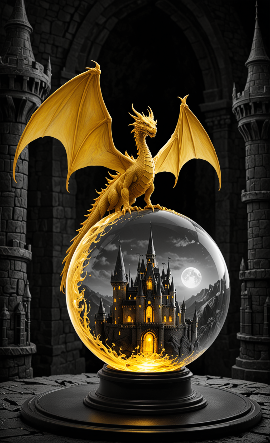 A  glass sphere sculpture, concealed inside the sphere is a Dragon flying over a castle, Fantasy, in the dark, detailed image, 8k high quality detailed, the moon, shaped sphere, amazing wallpaper, digital painting highly detailed, 8k UHD detailed oil painting, beautiful art UHD, focus on full glass sphere, bokeh,  background Modifiers: extremely detailed Award winning photography, fantasy studio lighting, photorealistic very attractive beautiful imperial colours ultra detailed 3D, (Extremely Intricate), UHD,  <lora:Black__White_One_Accent_Color_-_By_Dice:1>, (Black and white image, Yellow Accent)