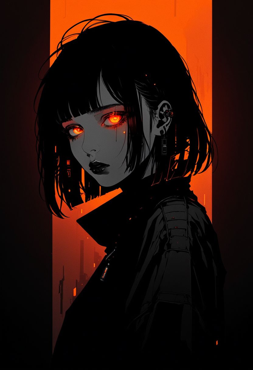 sinozick style, fiery aura, 1girl, cyberpunk, sinozick style, monochrome, flat color, dark theme,