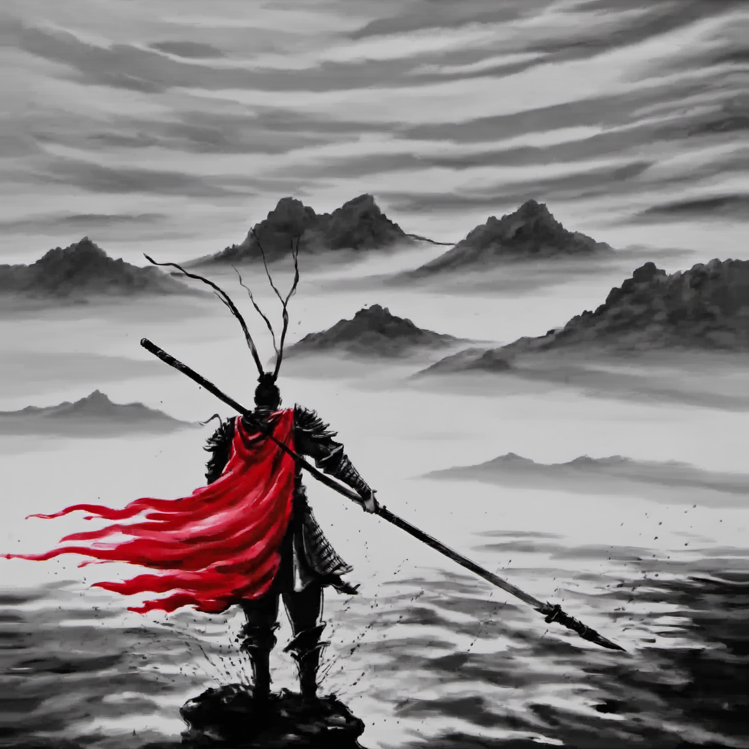 <lora:ink_xiakexing_xl_v1:0.8>,tree,mountains,
ink painting,a painting of a man with a sword and a red cape standing in the water with a cloudy sky behind him,solo,1boy,holding,standing,weapon,male focus,from behind,cape,holding weapon,armor,helmet,polearm,spot color,spear,red cape,holding polearm,weapon over shoulder,floating cape,sword,katana,