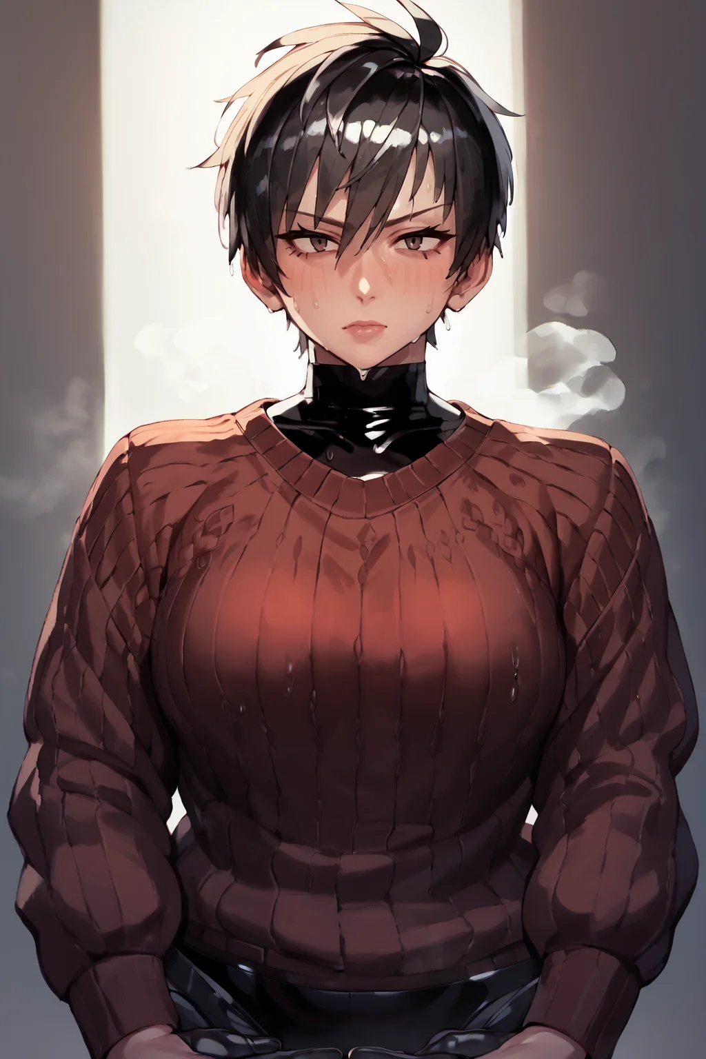 sweater <lora:latex_under_clothes:1> latex under clothes, latex body suit, sweaty, steamy body, short tomboy hair, big boobs, <lora:RD-MAnon-XLV1.1:1>, source_anime, score_9_up, score_7_up, score_8_up