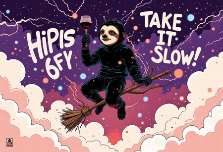 A whimsical and humorous painting of a black sloth sitting confidently on a broomstick, flying above soft, fluffy clouds. The sloth is depicted holding a glass of red wine aloft in one hand, exuding a relaxed and carefree attitude. The background features a gradient sky transitioning from deep purple to soft pink, suggesting a serene twilight atmosphere. The phrase "Take It Slow" is painted in simple text next to the sloth, adding a playful touch to the composition. The art style is minimalistic with bold, clean lines and a painterly texture, emphasizing the surreal and humorous tone of the image. The overall mood conveys charm, relaxation, and a sense of lighthearted mischief.