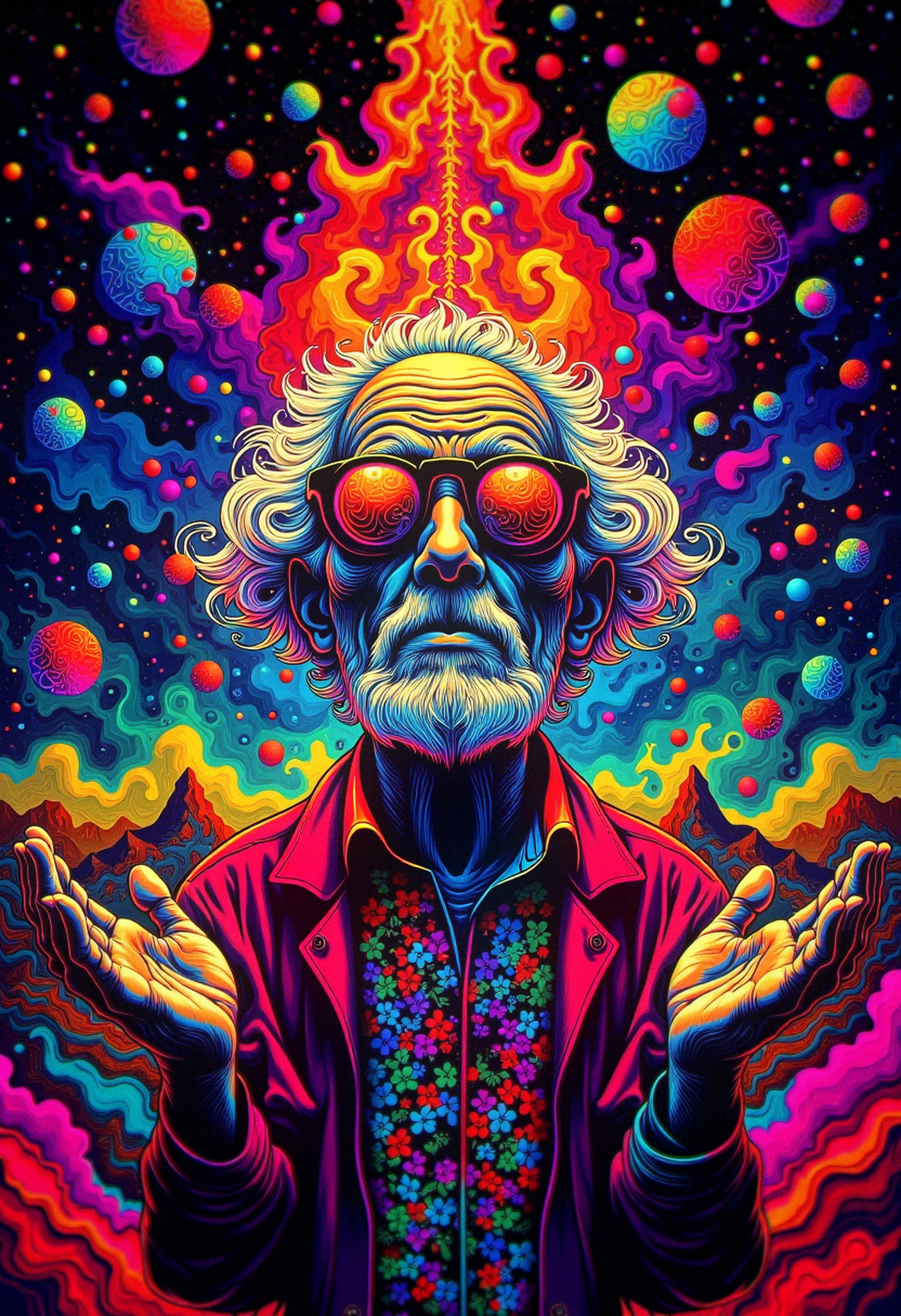 a lettering Text:"Psychedelic Surrealism" on top. an old man with open hands, wearing cybernetics glasses, in a colorful Goa world, bo-psychedelic, psychedelic surrealism. , Kodak Vision3 IMAX, <lora:Flux\boFLUX Psychedelic Surrealism v1.safetensors:1.0:1.0>
