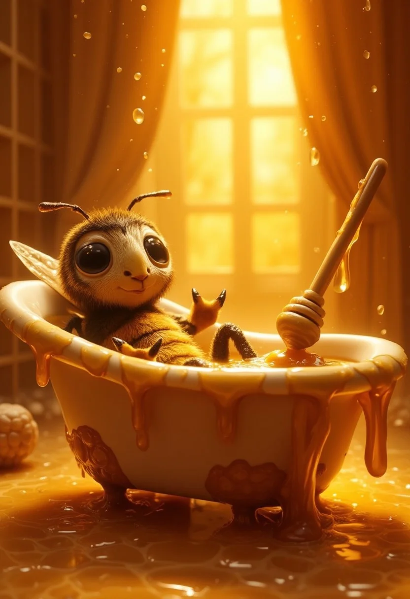Imagine a whimsical, surreal scene where a bee is enjoying a luxurious bath in a honey-filled bathroom. The bathtub is overflowing with thick, glistening honey, with its golden hue reflecting the soft, warm light that filters through the honeycomb-patterned walls. The bee is lounging on its back, tiny legs lazily drifting through the sticky liquid, completely relaxed. Its wings are slightly spread, as if drying off, while tiny droplets of honey cling to them, shimmering in the golden glow. The textures of the honey are incredibly lifelike, with realistic drips sliding down the walls and ceiling, pooling gently in the tub, creating a sense of indulgent stickiness.
On the side of the bathtub, there’s a giant honey dipper resting casually, as if it’s been used to stir this sweet bath. The bathroom floor is covered in a glossy layer of honey, with small hexagonal tiles made entirely of honeycomb, their amber patterns casting beautiful reflections. The bee’s expression is one of pure bliss, antennae slightly drooped as if it’s soaking up the ultimate relaxation. Little air bubbles rise through the honey, adding a touch of humor to this charming scene, while the whole room glows with the warmth and coziness of a honey-filled paradise.
