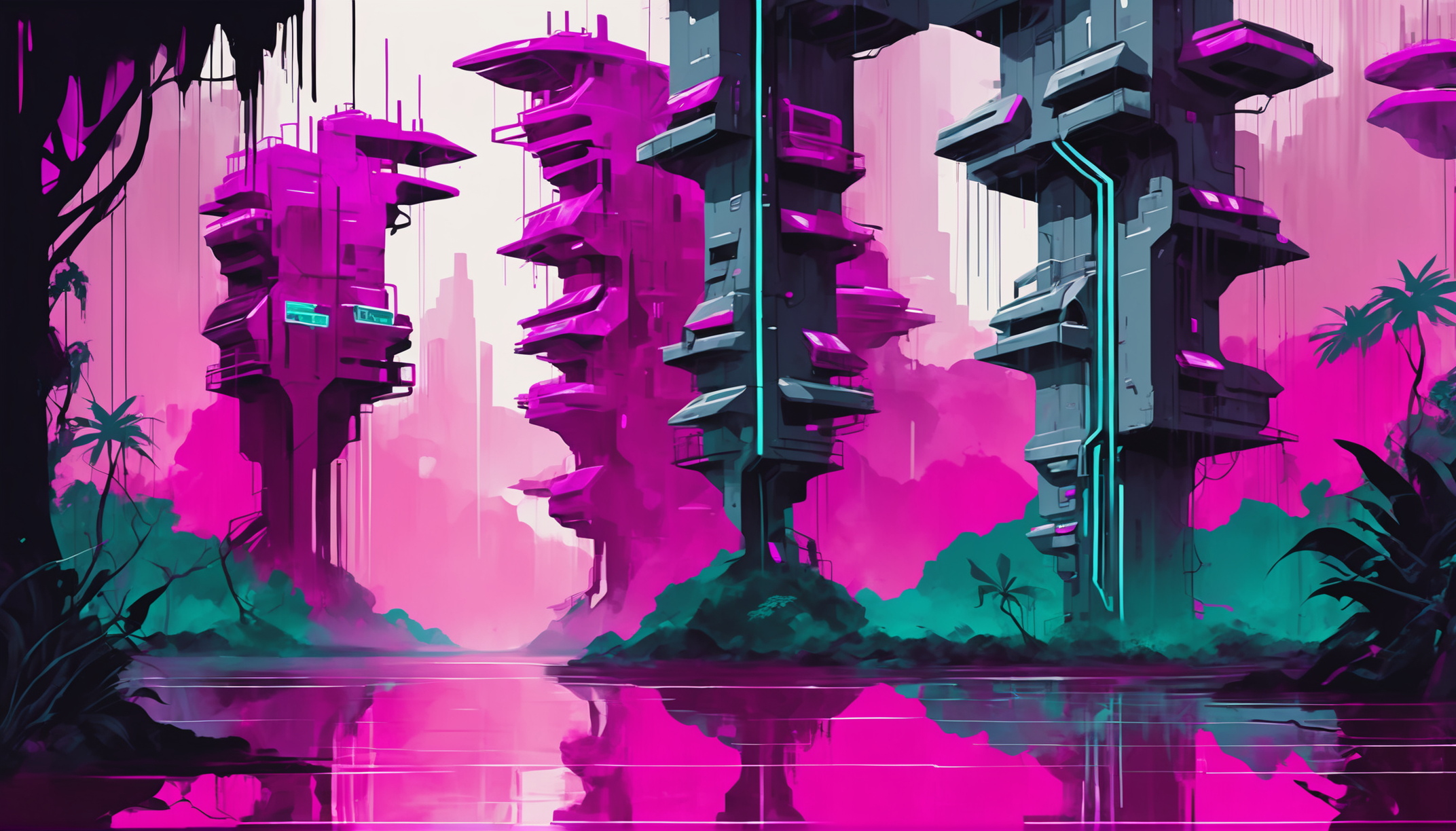 highly stylized sci-fi digital acrylic painting of a metropolisin a Tropical Monsoon Forest, photoshop thick acrylic brushes, magenta and gray color scheme<lora:EnvySpeedPaintXL01v11:1>